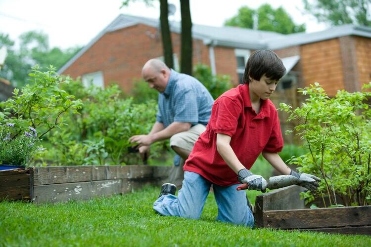 grandparent and grandchild out in the garden