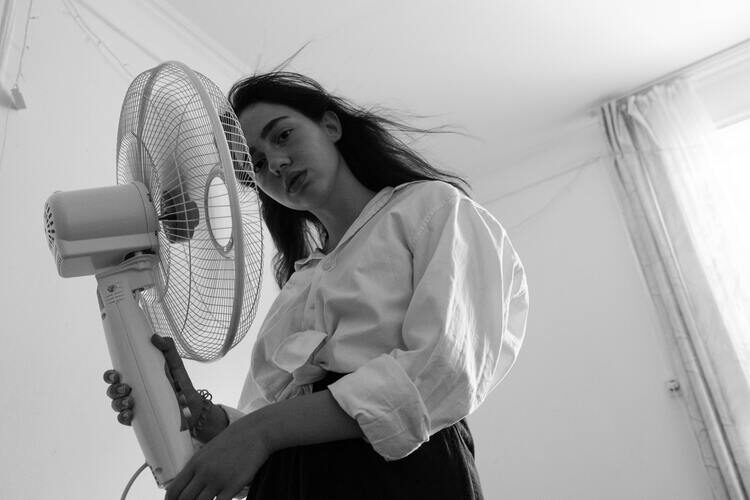 woman holding fan